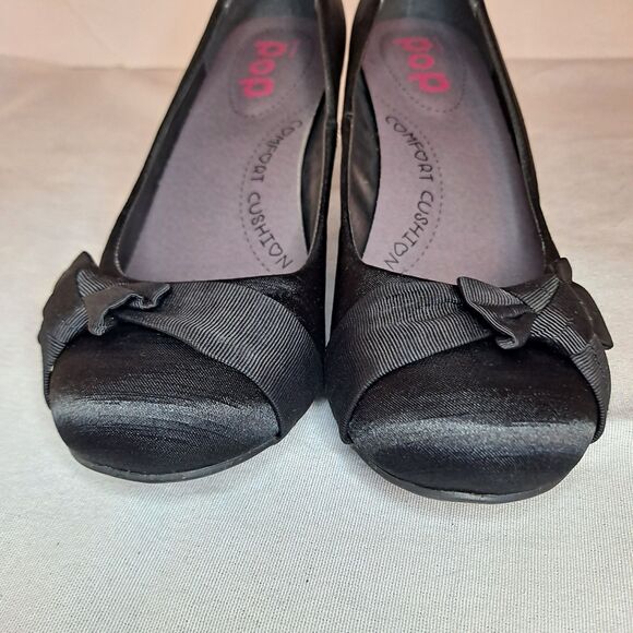Pop Palace Satin Kitten Heels Side Bow Womens Sz 8.5M Black Comfort Cushion - Picture 10 of 12